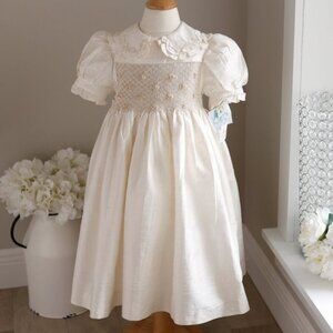 Ivory Dupioni Silk Smocked Dress Size 4 Boutique Pearls Flower Girl NWT